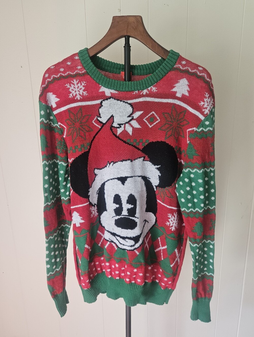 Disney Red and Green Mickey Holiday Crewneck Sweater Size Large